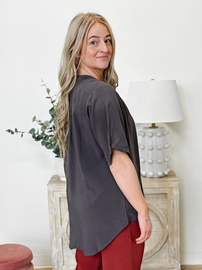 Split Neck Short Sleeve Top in Ash Grey