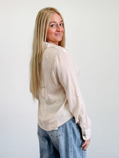 Blanket-stitch Cuff Button Up Blouse