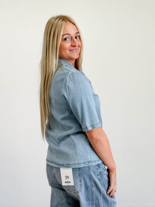 Short Sleeve Collared Denim Shirt
