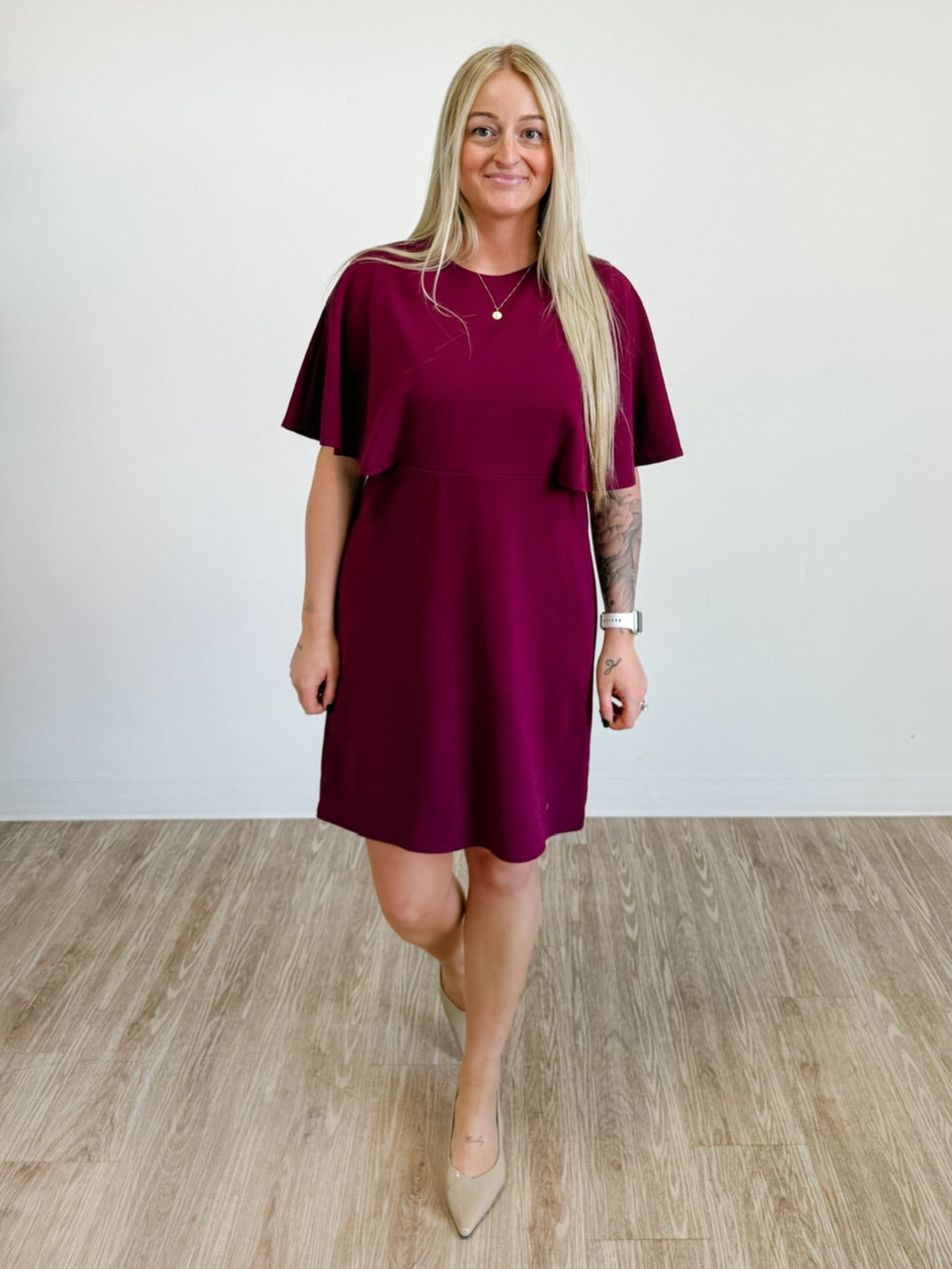Solid Cape Bodice Dress in Wine