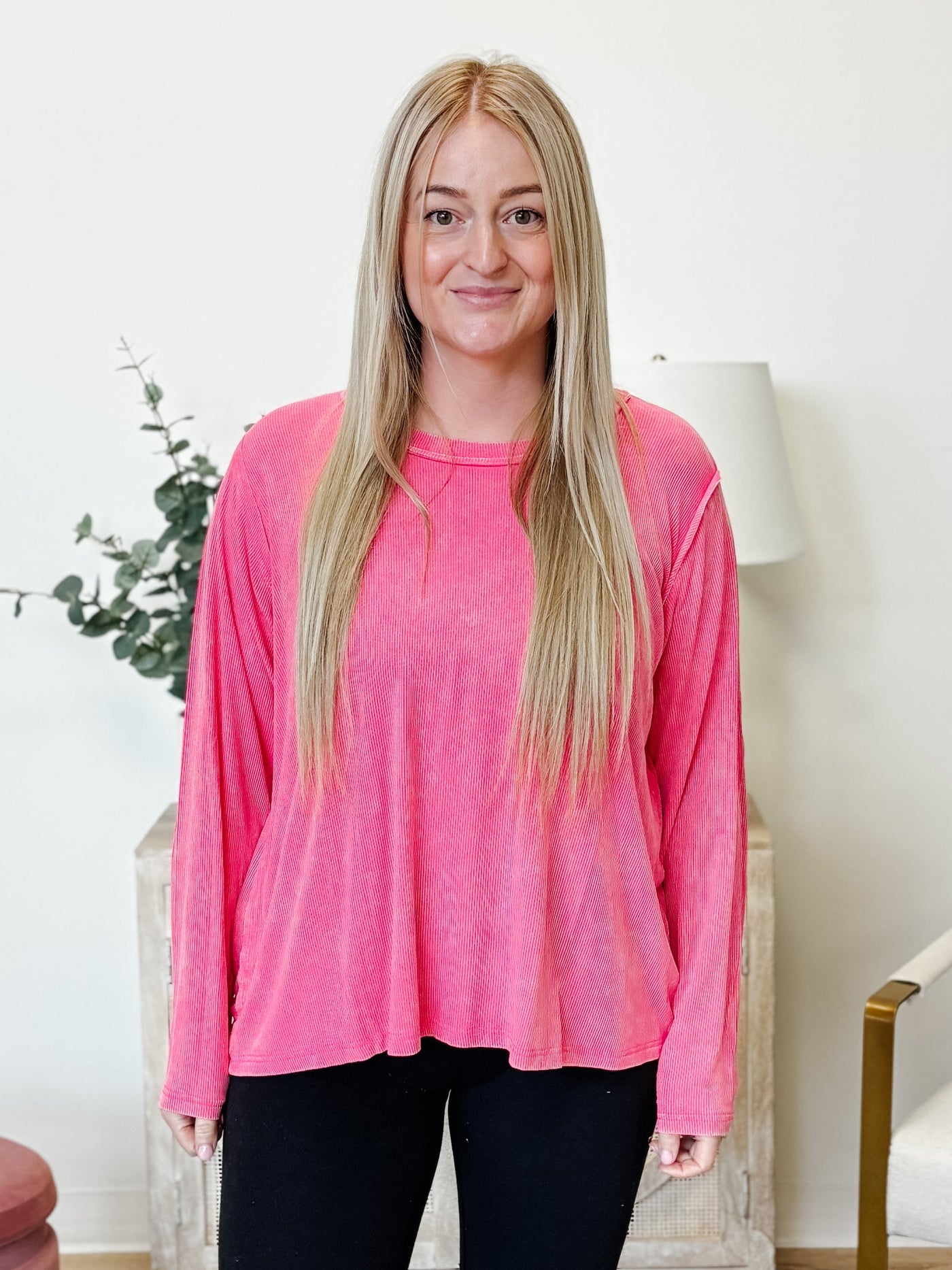 Washed Ribbed Scoop Neck Long Sleeve Top in Fuchsia