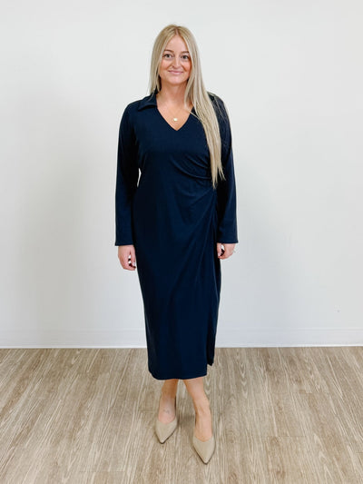 Collared Ribbed Dress With Pleat Detail