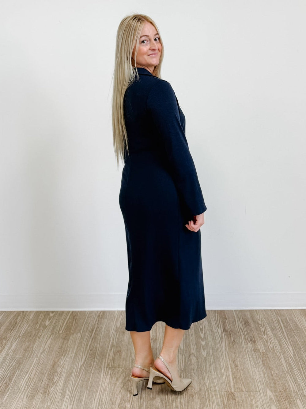 Collared Ribbed Dress With Pleat Detail