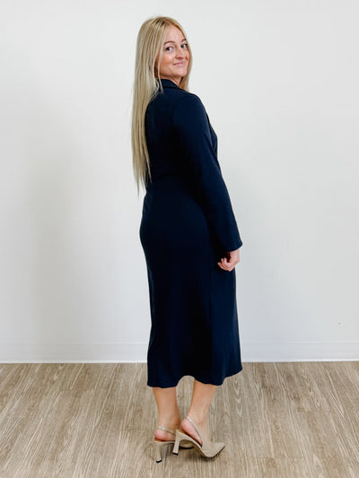 Collared Ribbed Dress With Pleat Detail