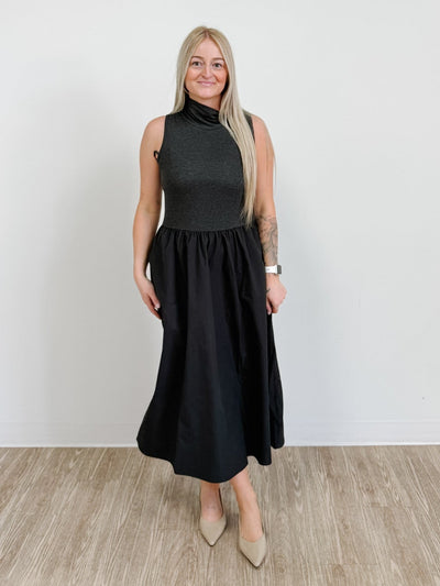 Sleeveless Mock Neck Midi Dress in Black