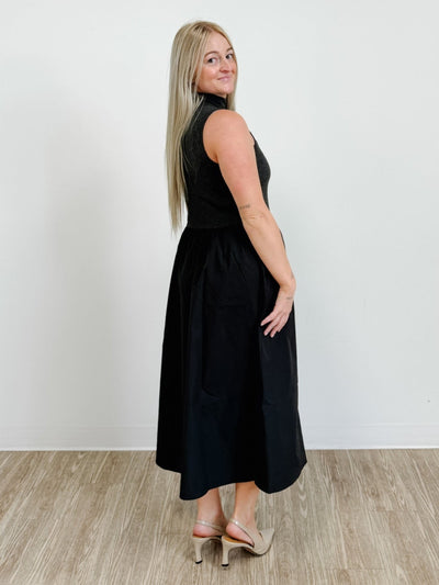 Sleeveless Mock Neck Midi Dress in Black