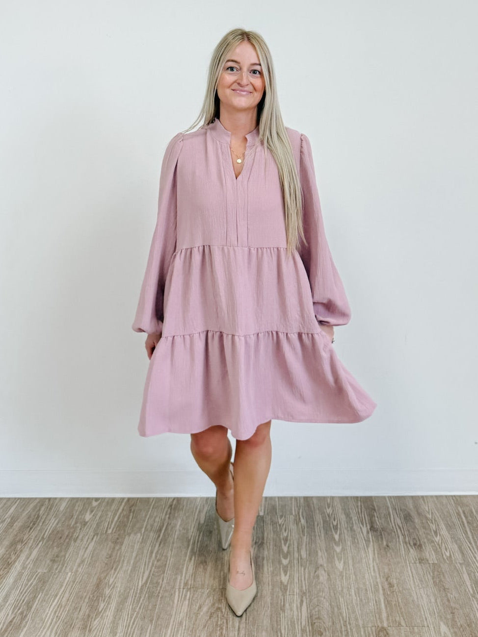 Mandarin Collared V-Neck Tiered Dress