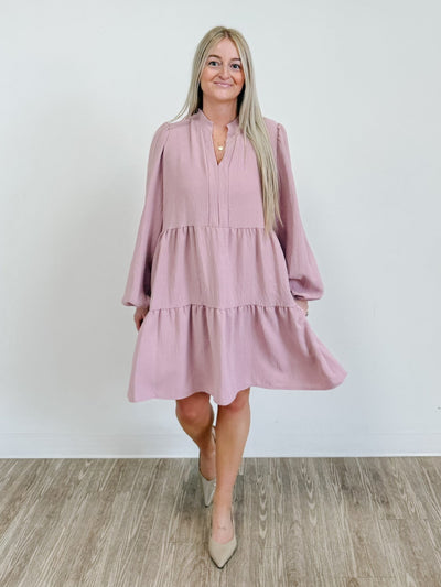 Mandarin Collared V-Neck Tiered Dress