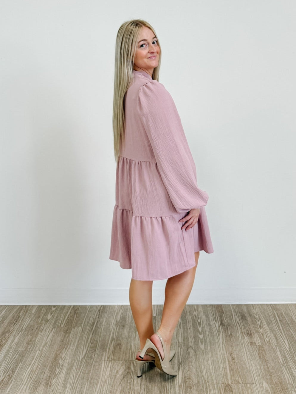 Mandarin Collared V-Neck Tiered Dress