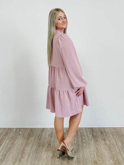 Mandarin Collared V-Neck Tiered Dress