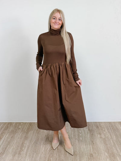Mock Neck Long Sleeve Midi Dress