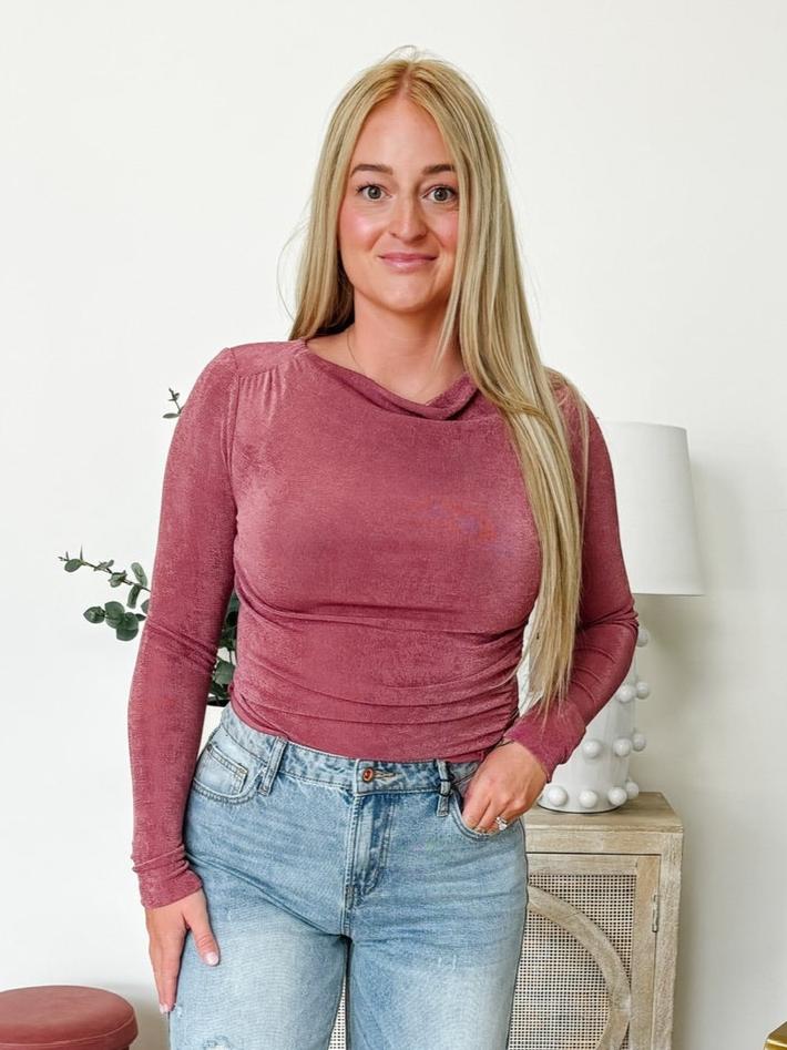 DEX Long Sleeve Draped Shimmer Top in Dusty Rose