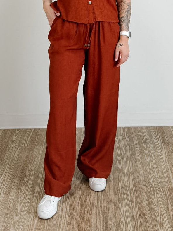 Drawstring Wide Leg Pant in Burnt Sienna