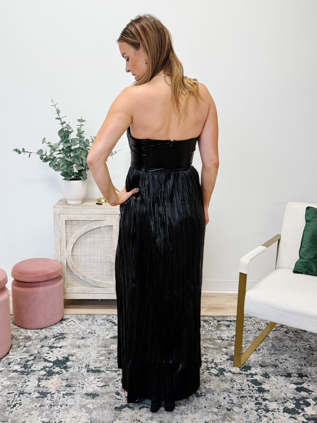 The Plated Corset Maxi Dress in Black