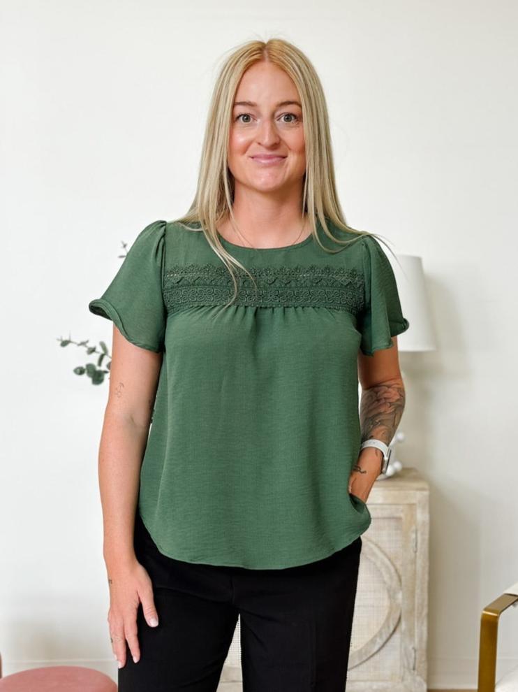 Lace Trim Short Bell Sleeve Blouse in Hunter Green