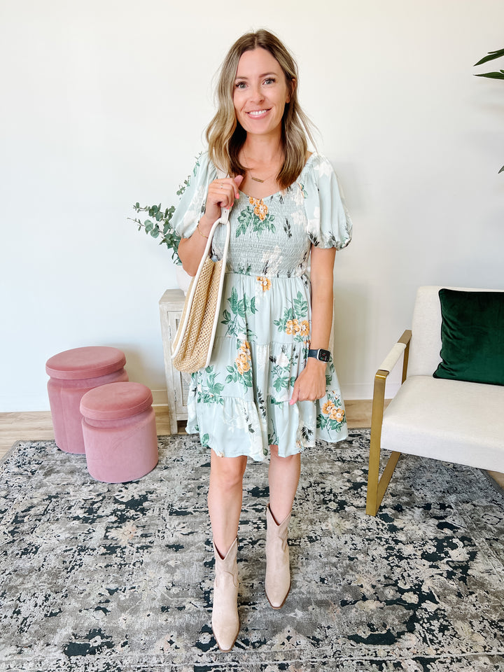 Romantic Floral Smocked Sheen Dress in Sage