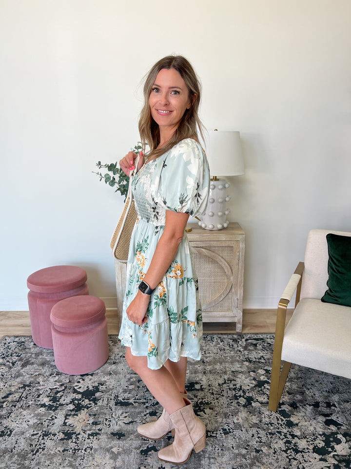 Romantic Floral Smocked Sheen Dress in Sage
