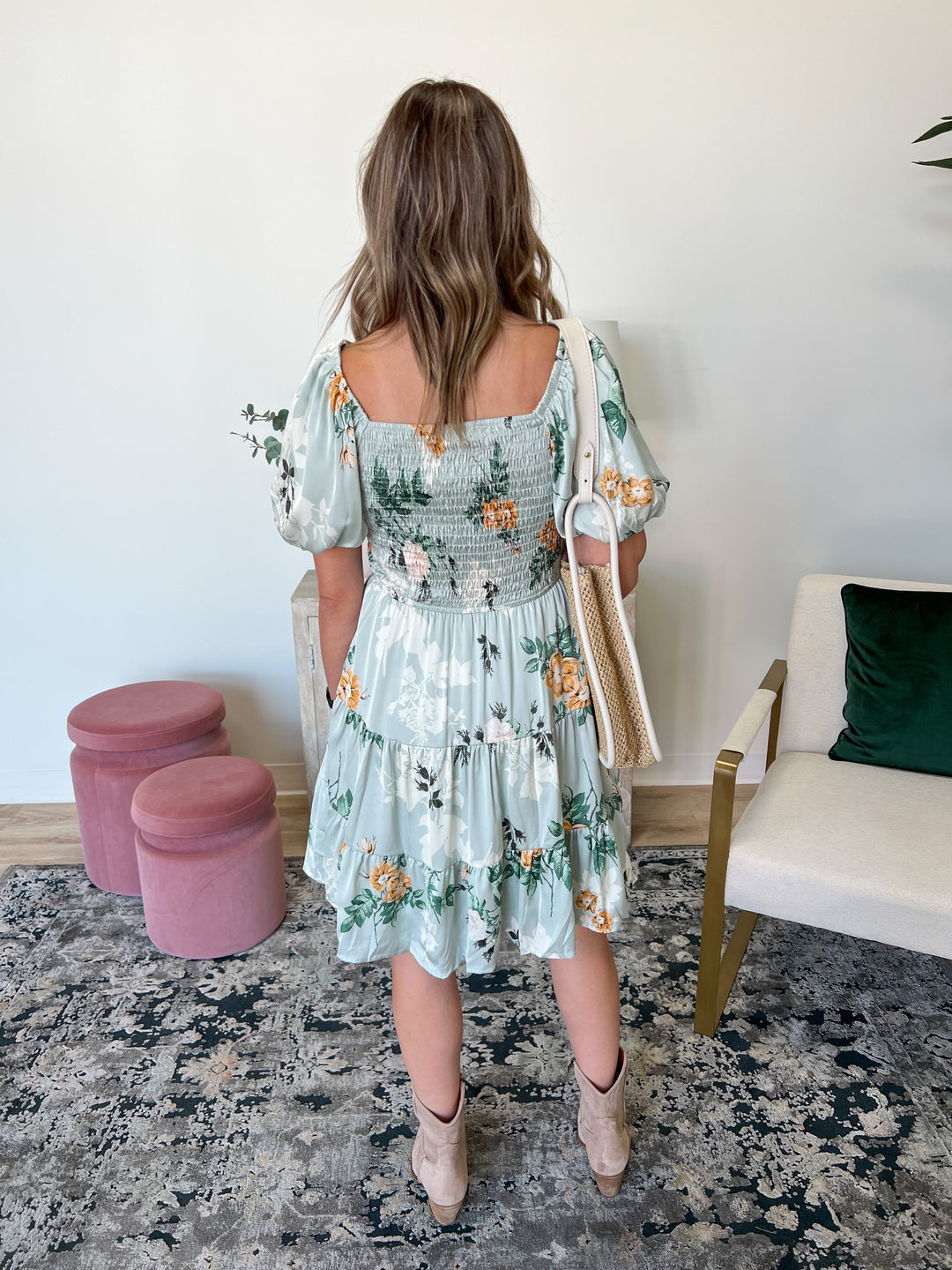 Romantic Floral Smocked Sheen Dress in Sage