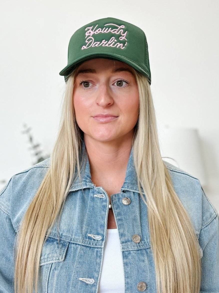 Howdy Darlin' Embroidered Mesh Back Trucker Hat in Green