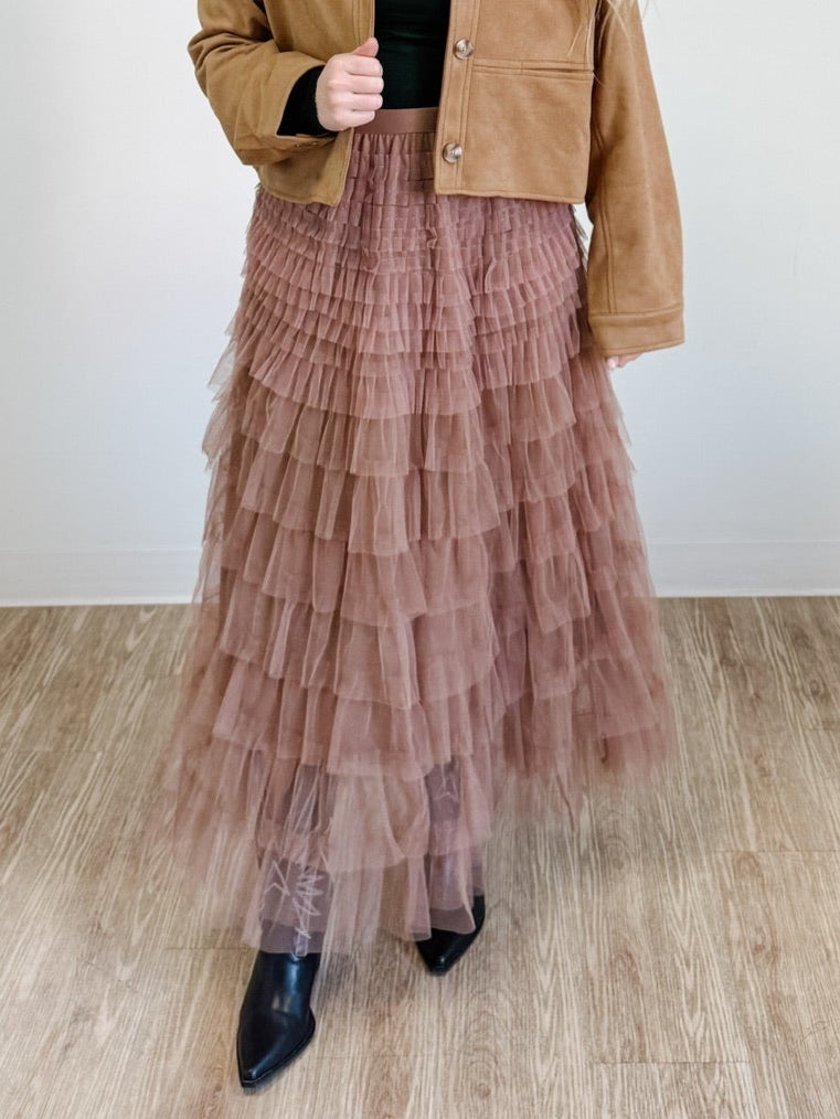 Ruffled Tulle Midi Skirt