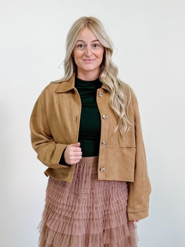 Suede Collared Button Down Cropped Jacket