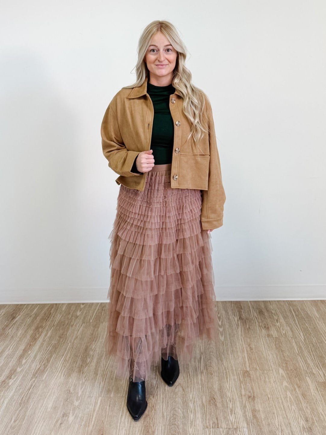 Ruffled Tulle Midi Skirt