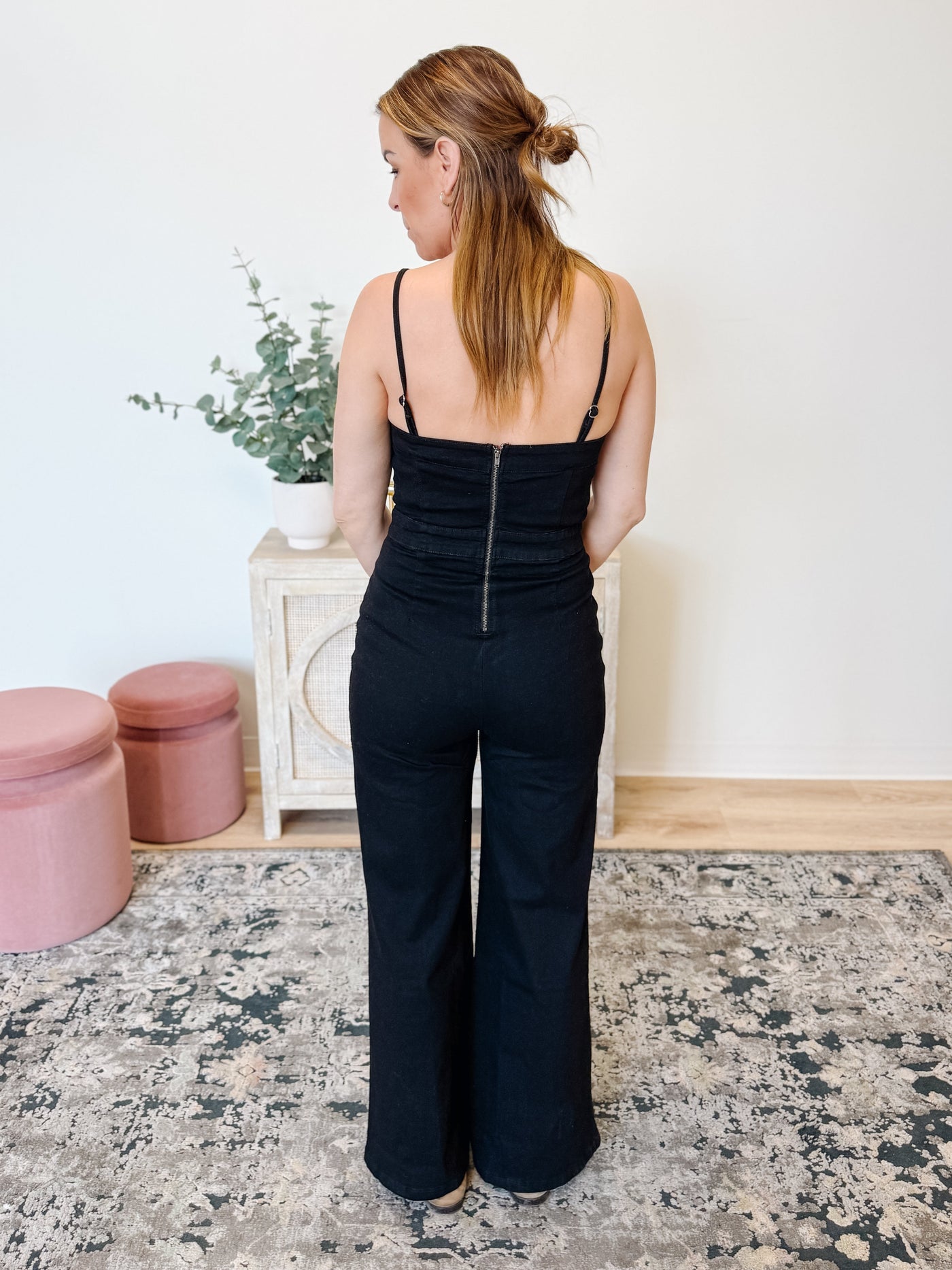 Zipper Spaghetti Strap High Waist Flare Jumpsuit