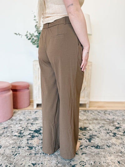 High Waist Pleated Wide Leg Dress Pants in Dark Brown