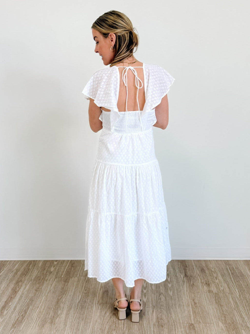 Flutter Sleeve Tie-Back Midi Dress