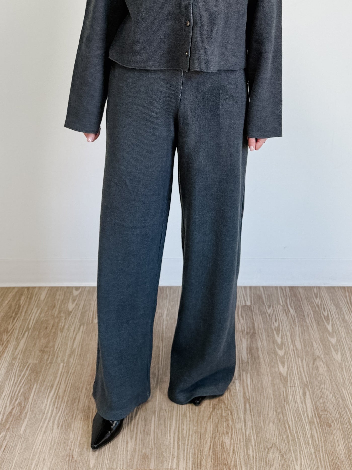 Wide Leg Ribbed Pant in Charcoal Heather