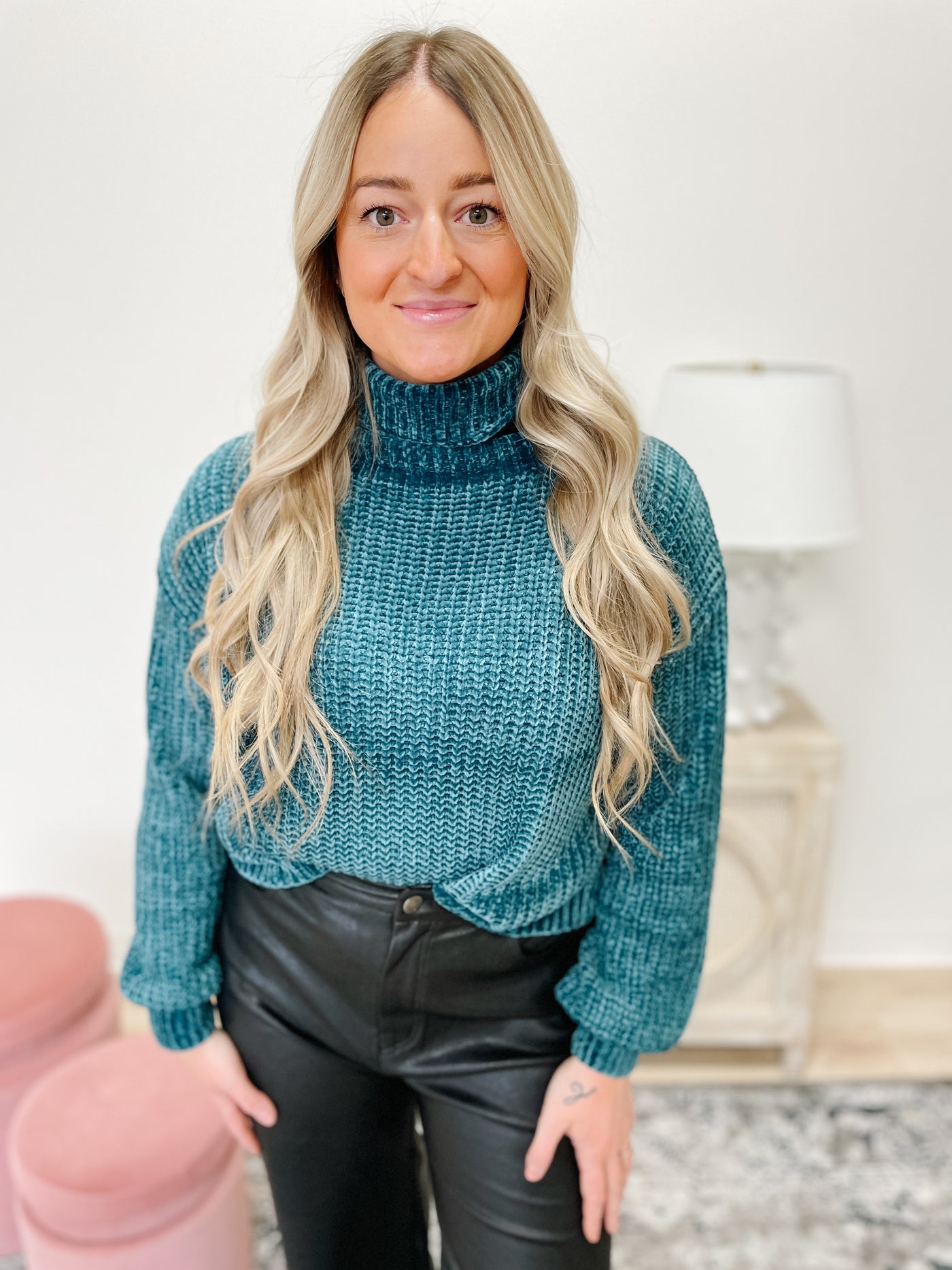 Chenille Turtleneck Sweater in Teal