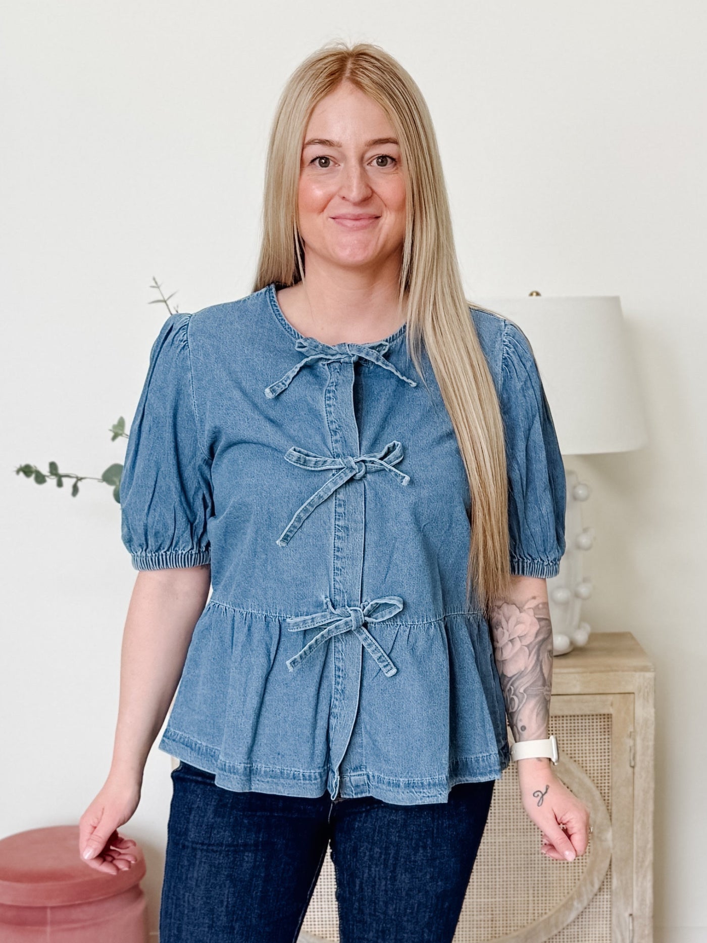 Tied Front Bubble Sleeve Peplum Denim Shirt