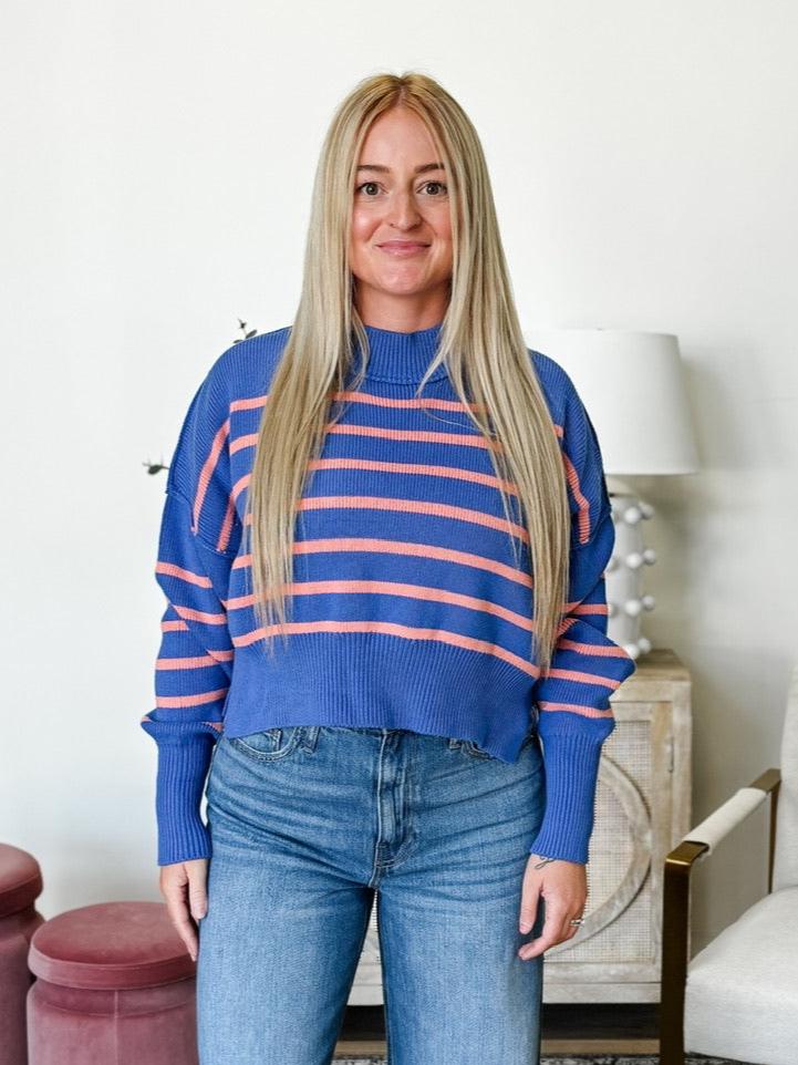 Striped Mock Neck Cropped Sweater in Cobalt Blue