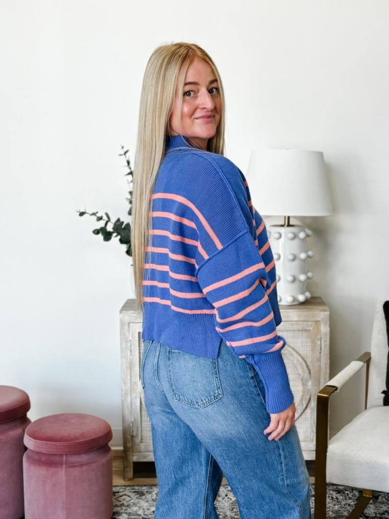 Striped Mock Neck Cropped Sweater in Cobalt Blue