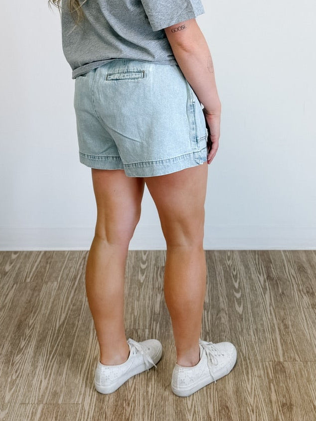 Drawstring Denim Shorts in Bleached Wash