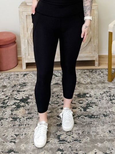 Soft Ribbed High Waisted Leggings in Black