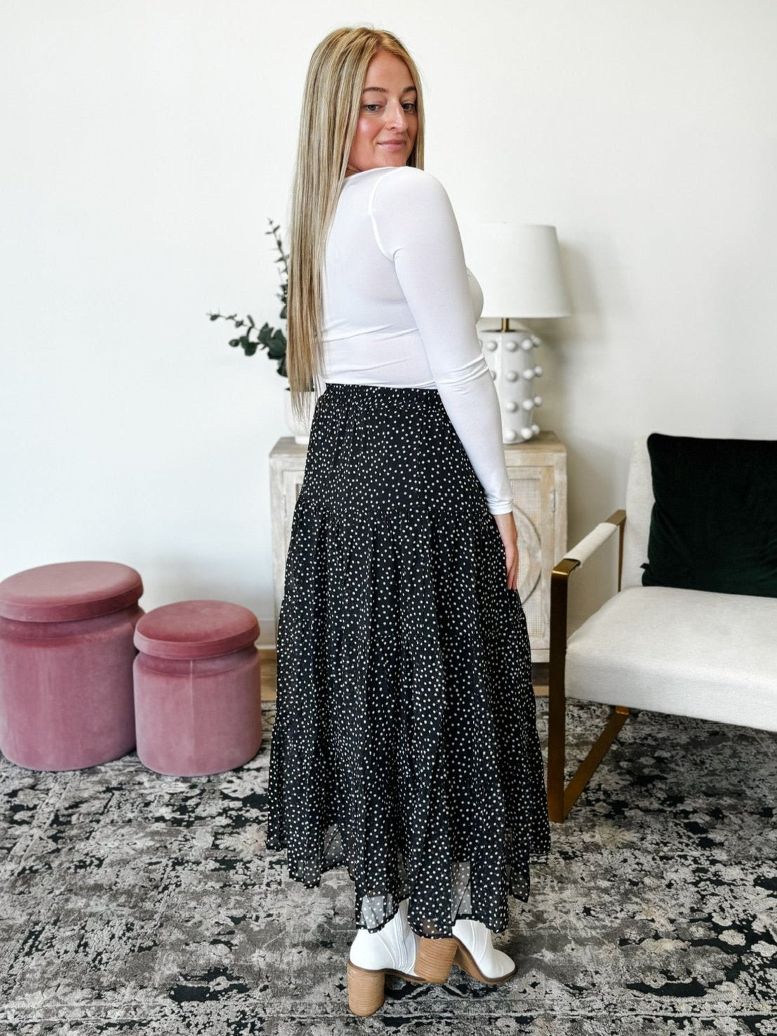 Polka Dot Print Tiered Skirt in Black