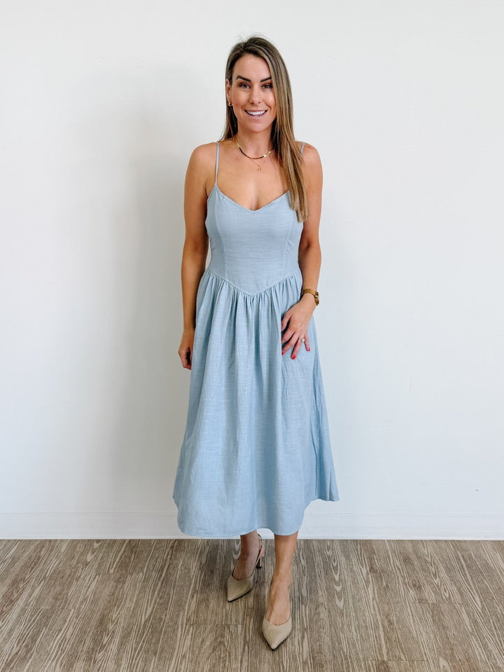 V Waist Maxi Dress in Light Blue Denim