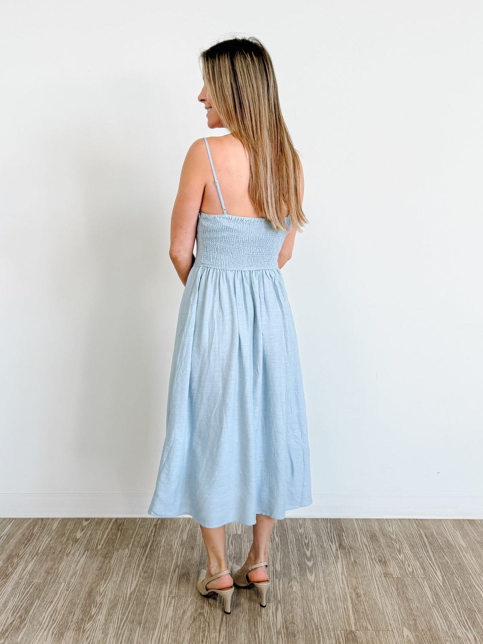 V Waist Maxi Dress in Light Blue Denim