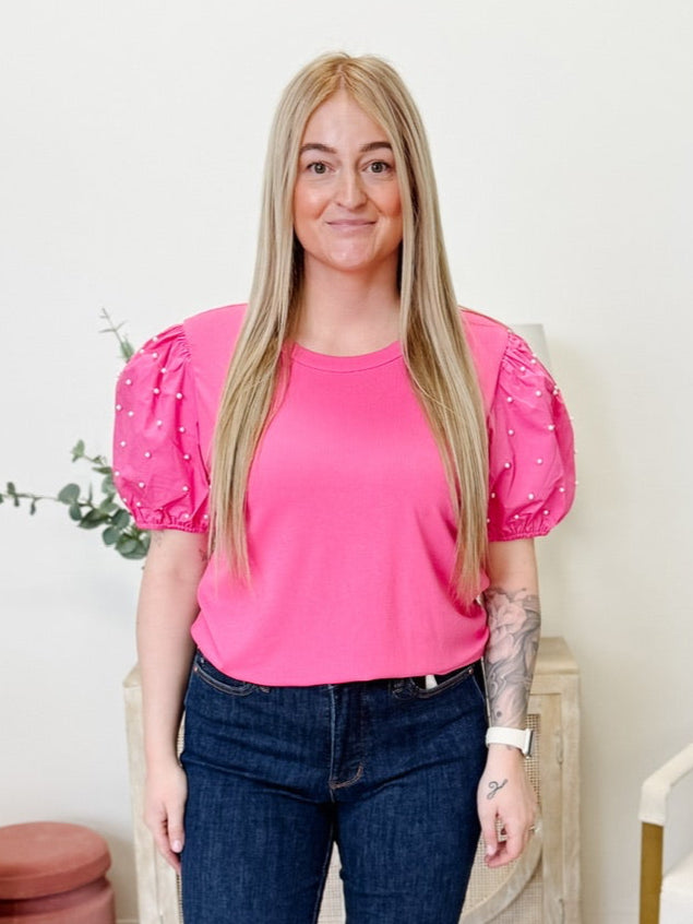 Ribbed Pearl Beaded Puff Sleeve Top in Pink