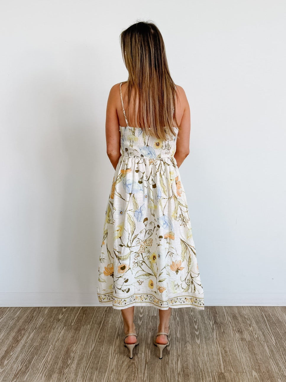 Smocked Detail Midi Dress in Vintage Garden