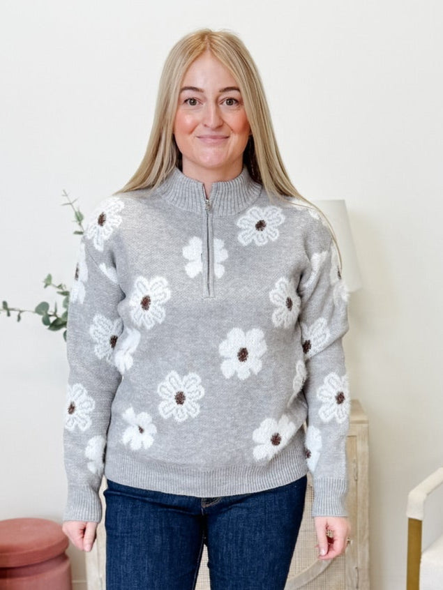 Floral Pattern Half Zip Drop Sweater in Grey