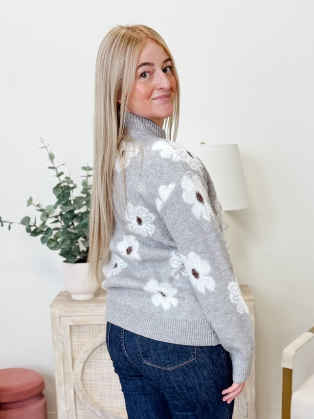 Floral Pattern Half Zip Drop Sweater in Grey