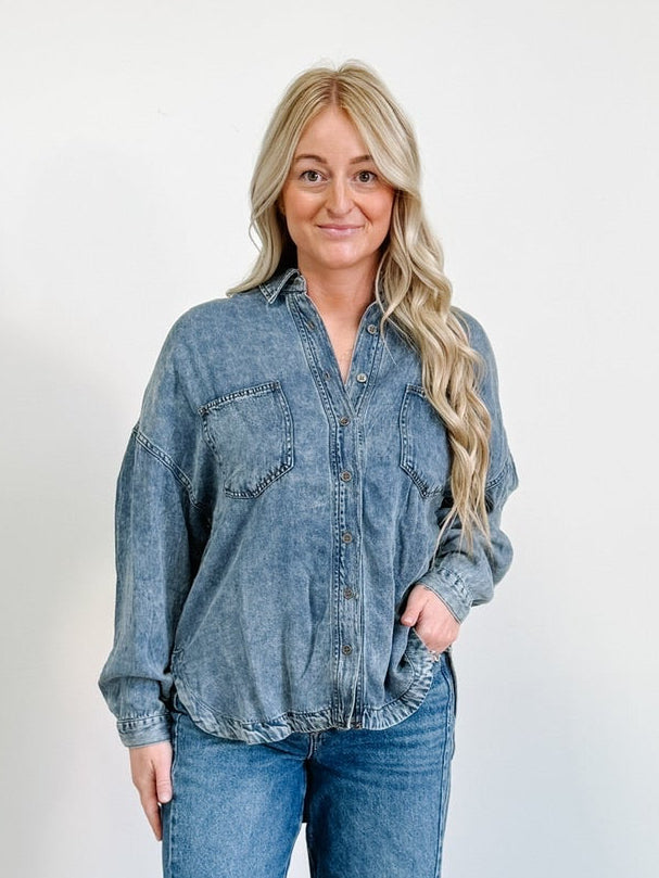 Washed Chambray Button Down Long Sleeve Shirt