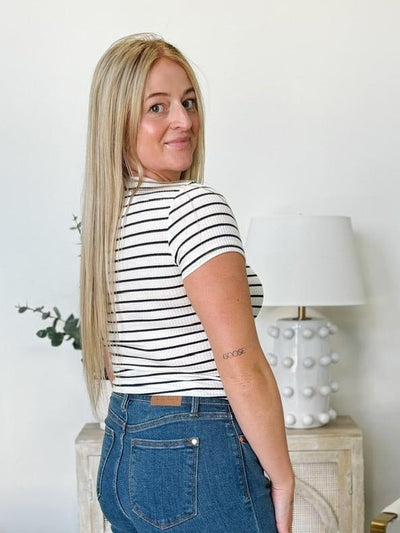 Jade Short Sleeve Stripe Rib Top in White with Black Stripe