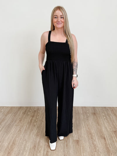 Smocked Sleeveless Wide Leg Jumpsuit With Pockets