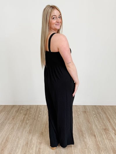 Smocked Sleeveless Wide Leg Jumpsuit With Pockets