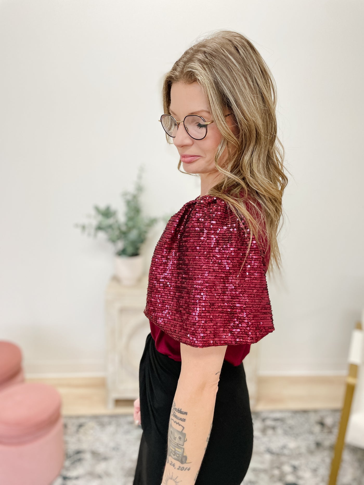 Super Soft Solid Tee With Sequin Detailed Sleeves