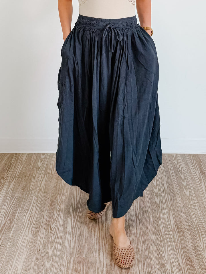 Bohemian Side Slit Rounded Hem Wide Leg Pants