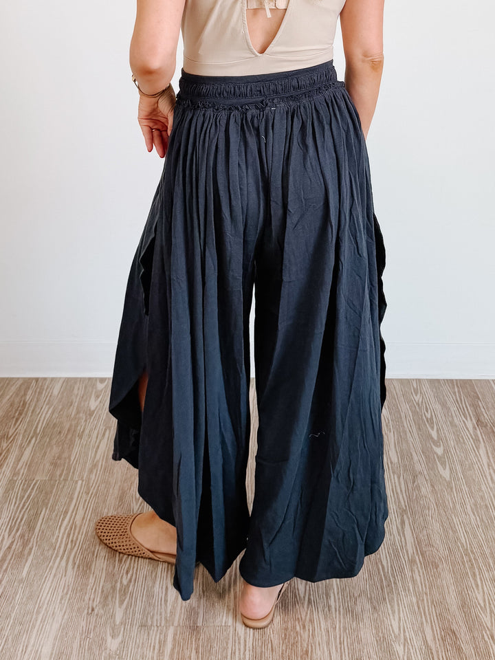Bohemian Side Slit Rounded Hem Wide Leg Pants